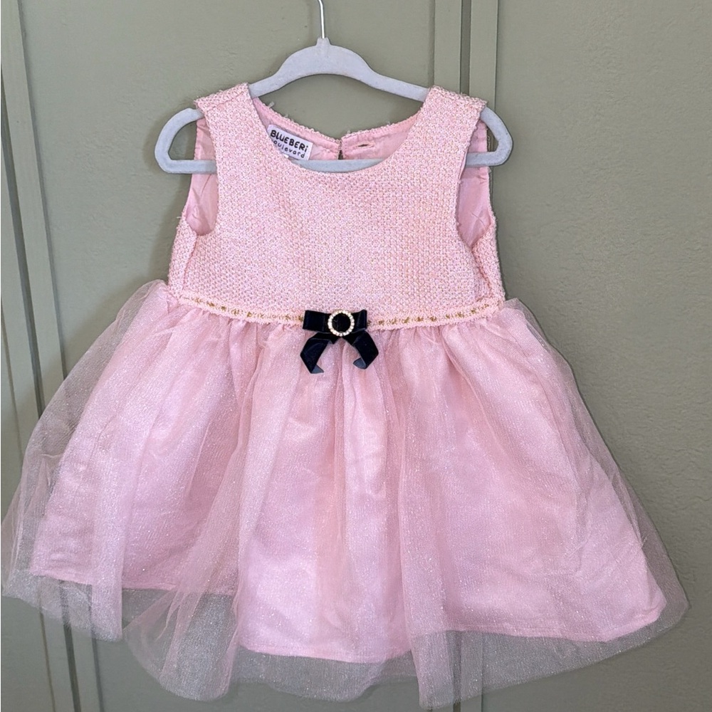 Blueberi Boulevard Pink Tulle Dress with Navy Bow